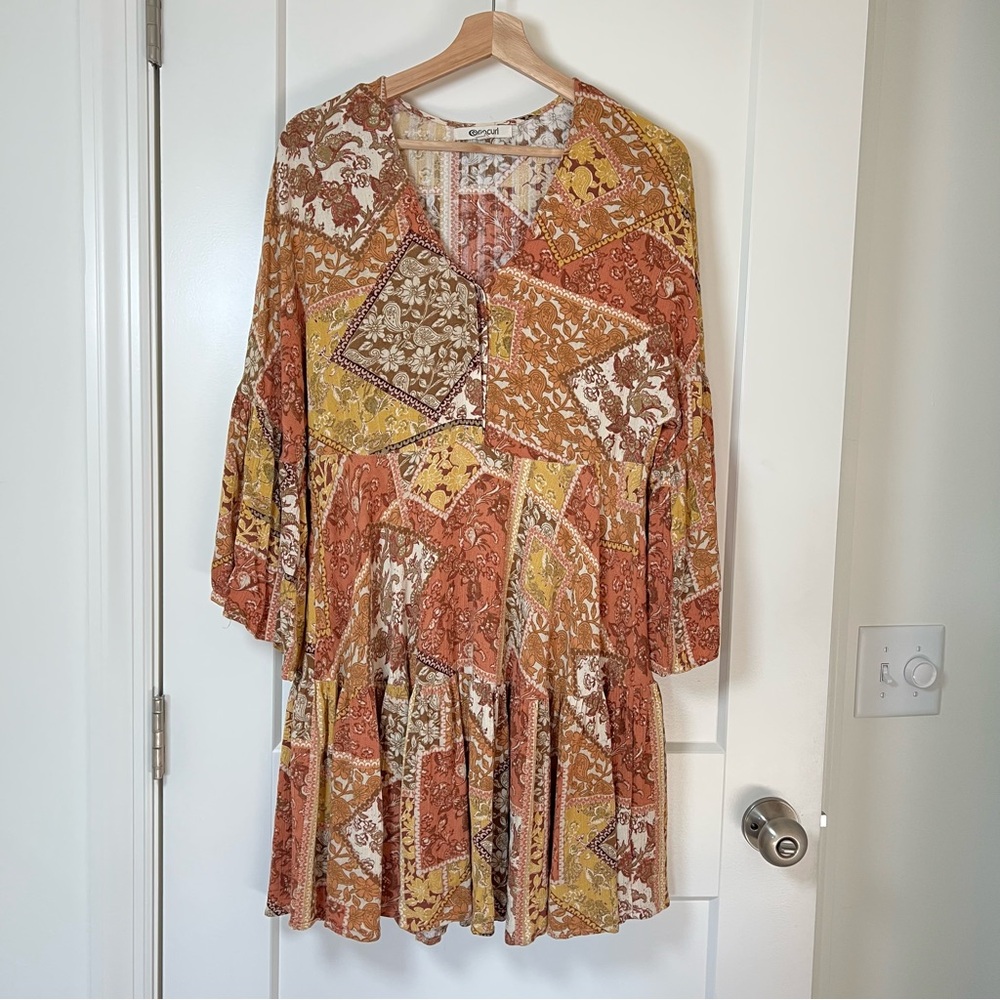 Rip Curl‎ Oversized Boho Floral Patchwork Flowy Dress —  Fall Colors 🍁💛
